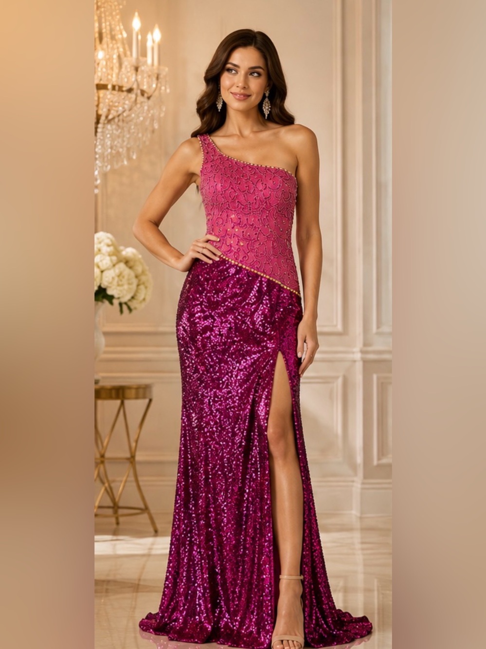 Panoply One-Shoulder Fuchsia Beaded & Sequin Gown
